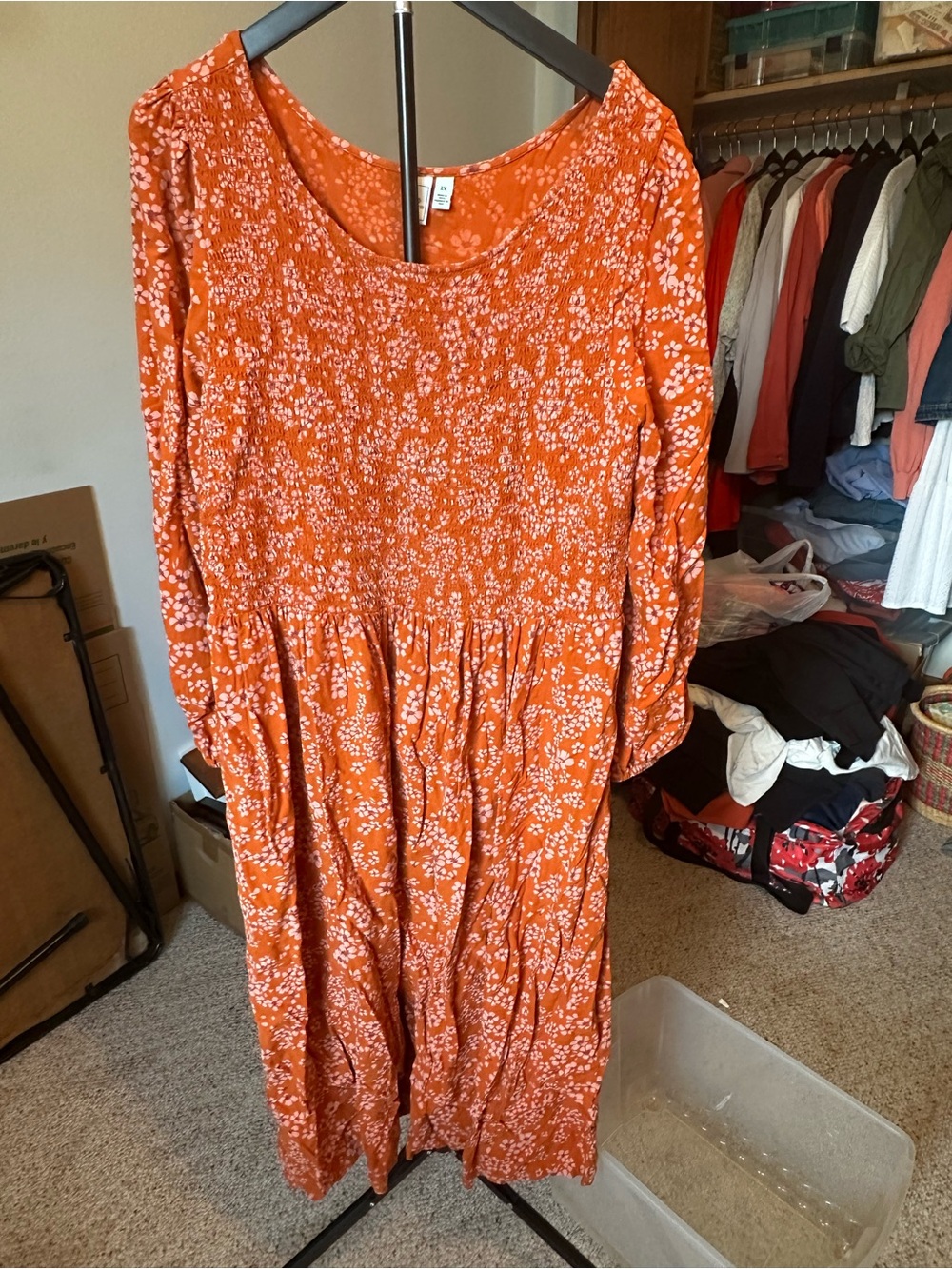 Susina Orange Floral Smocked Midi Dress - Long Sleeve Boho Prairie Style